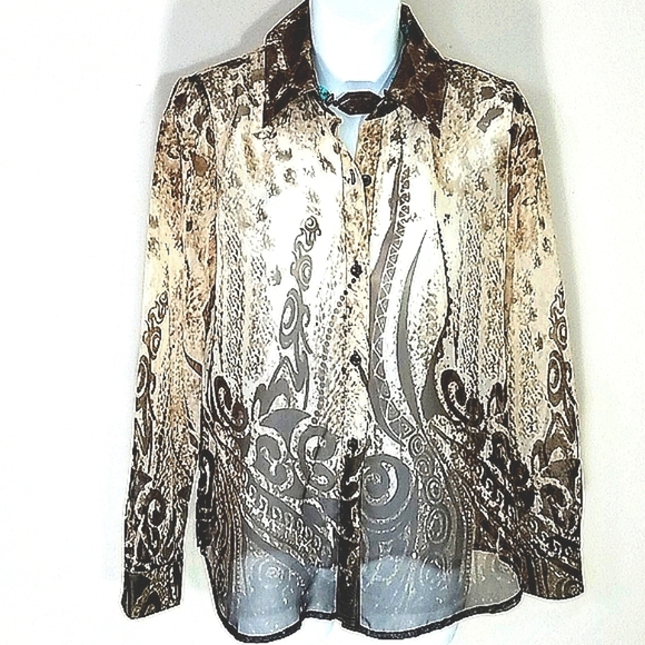 Liz Baker Petite Shirt top button down blouse long sleeve abstract Small SP - Picture 1 of 11